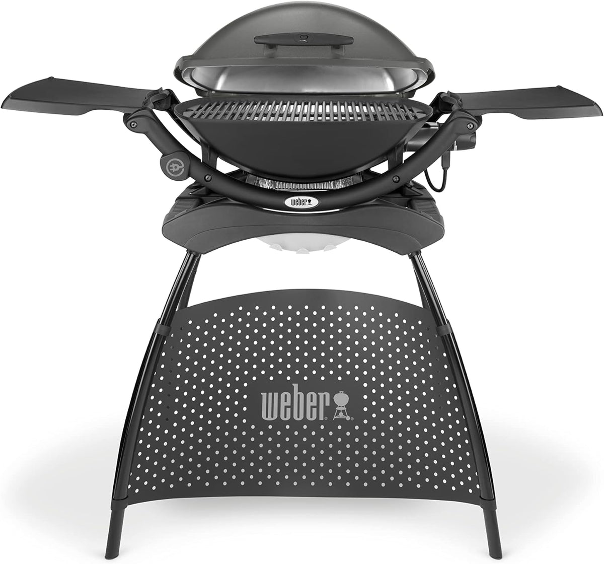 Barbacoa eléctrica Weber Q2400 con soporte y mesas laterales, superficie de cocción de 54 x 39 cm, portátil, parrilla de cocción de hierro fundido vitrificado dividida en 2 partes, tapa y cuerpo de aluminio fundido - Gris oscuro (55020879)