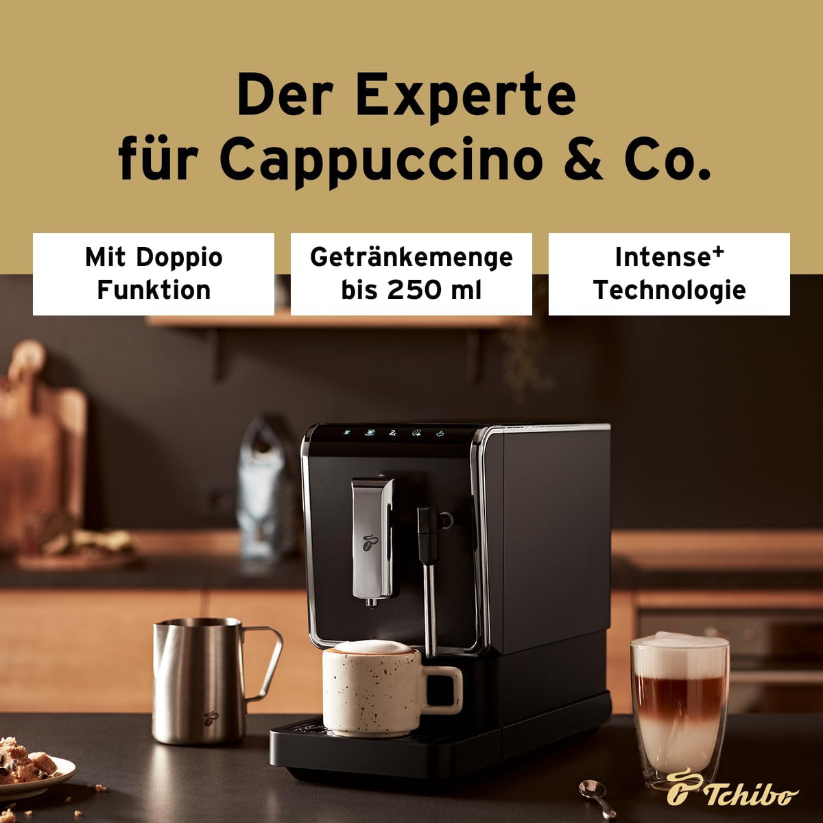 Cafetera automática Tchibo Esperto Latte con función de espumado de leche para Caffè Crema, Espresso y especialidades de café, antracita