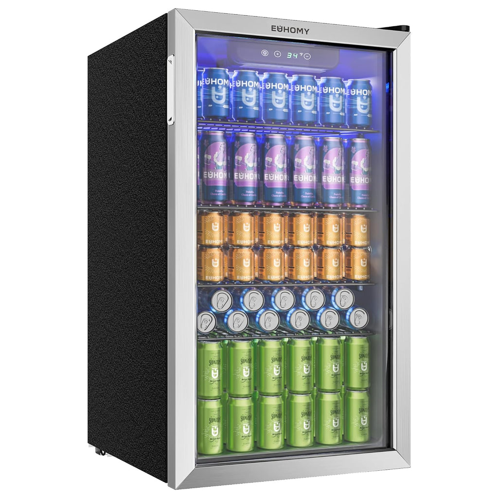 EUHOMY 90L Refrigerador de bebidas, mininevera para 126 latas con puerta de cristal, nevera pequeña con estantes ajustables para refrescos, cerveza o vino, perfecta para el hogar/bar/oficina, plateado, acero inoxidable