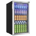 EUHOMY 90L Refrigerador de bebidas, mininevera para 126 latas con puerta de cristal, nevera pequeña con estantes ajustables para refrescos, cerveza o vino, perfecta para el hogar/bar/oficina, plateado, acero inoxidable