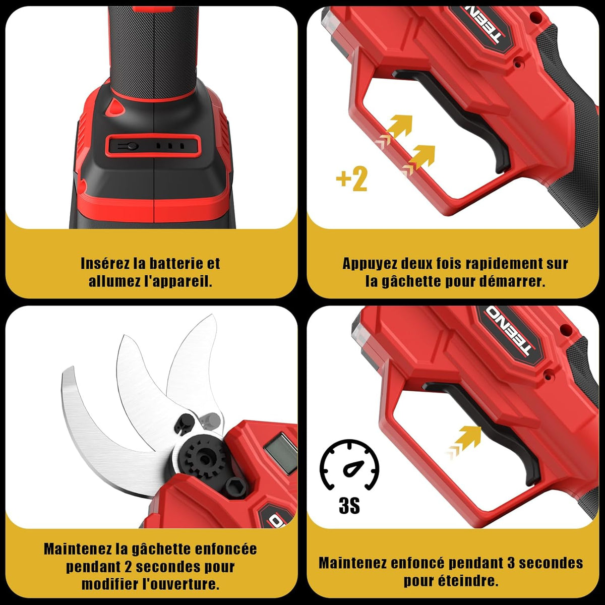 TEENO Tijeras de podar eléctricas 2 en 1 con pértiga telescópica, tijeras de podar inalámbricas de 40 mm con pantalla de 4000 mAh, 2 baterías de 2,0 Ah, para jardinería y árboles frutales