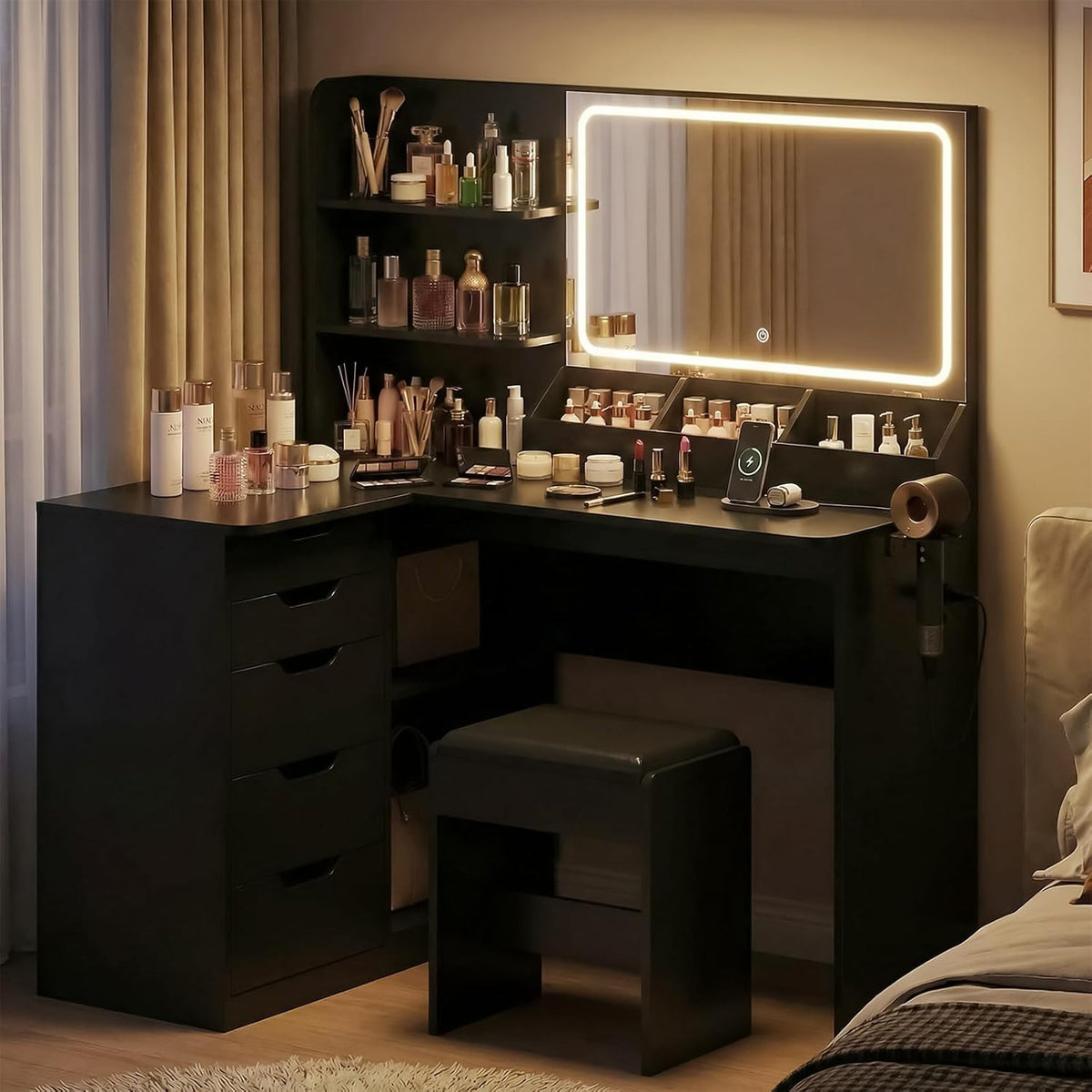 JUMMICO Tocador con espejo y luces, tocador esquinero en forma de L con iluminación LED de 3 colores, mesa de maquillaje de 120 cm de ancho con 5 cajones y enchufes, negro