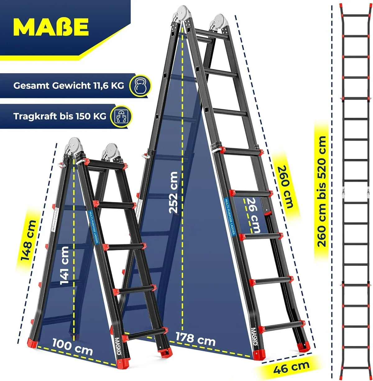 Escalera multiusos de aluminio 6 en 1 19458_mfn 20 peldaños, capacidad de carga de 150 kg, extensible hasta 520 cm, plegable, antideslizante, escalera articulada