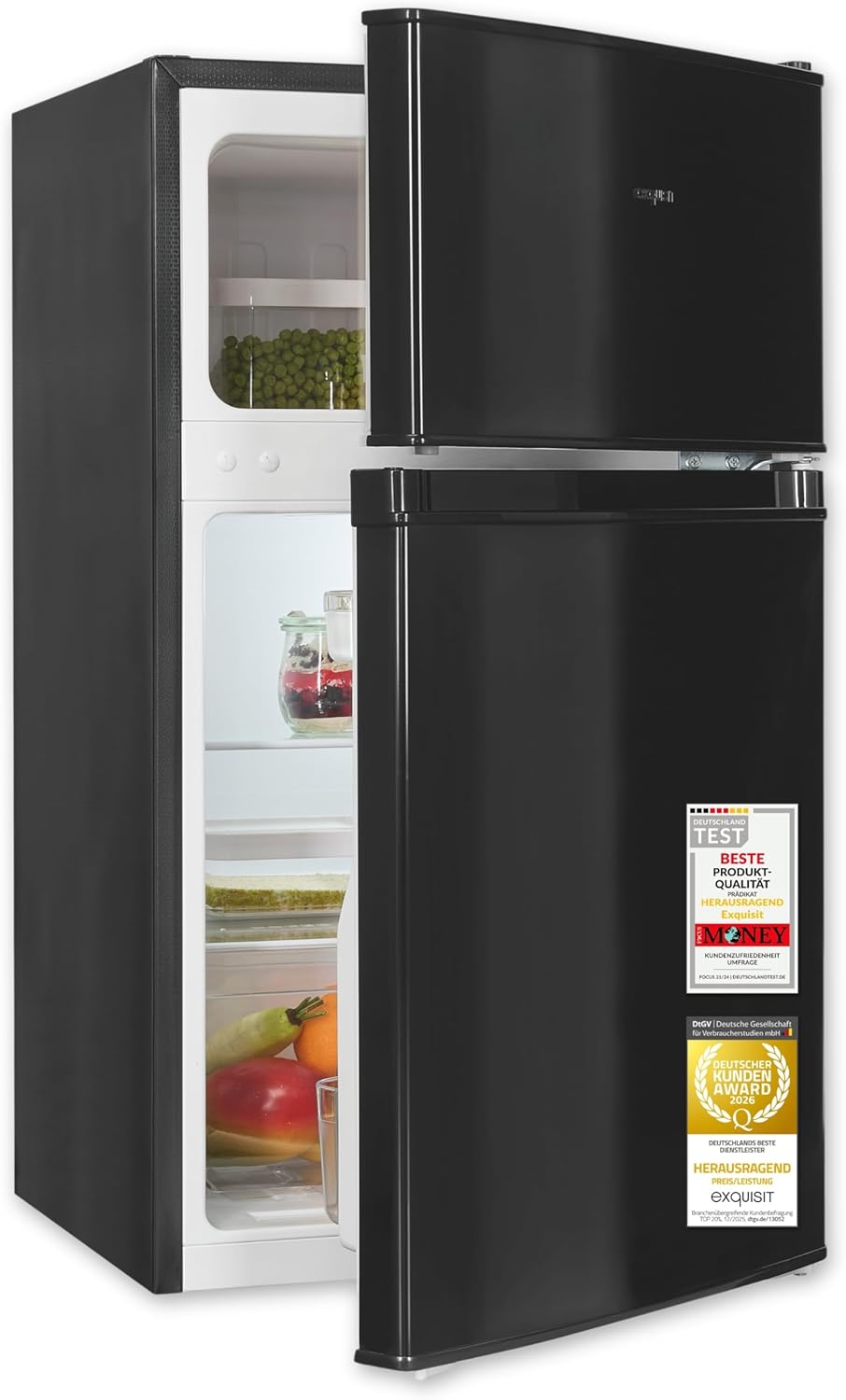 Frigorífico combi Exquisit | 85 l de capacidad útil, clase energética E, 40 dB(A) | diseño compacto, congelador de 4 estrellas, iluminación LED, control electrónico de temperatura | KGC590-30-E-040E negro