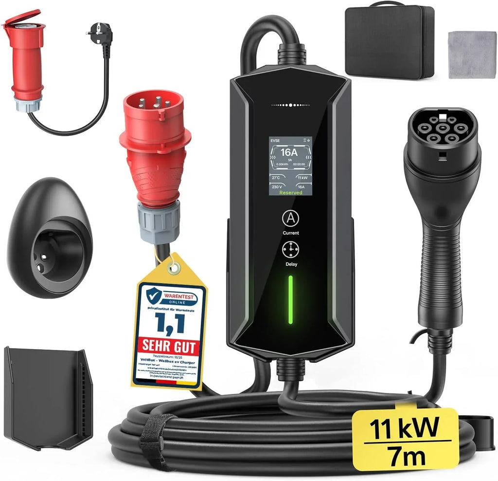 Cargador portátil Wallbox 11kW Tipo 2 400V 6-16A cable de 7m CEE 16A estación de carga EV IP65 con ajuste de tiempo de carga