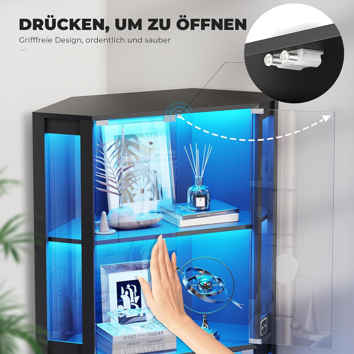 Vitrina esquinera BROTTAR con puertas de cristal, estantería esquinera alta de 165 cm con iluminación LED de 3 colores, armario expositor de 4 niveles con sensor inteligente para salón, dormitorio u oficina, negro