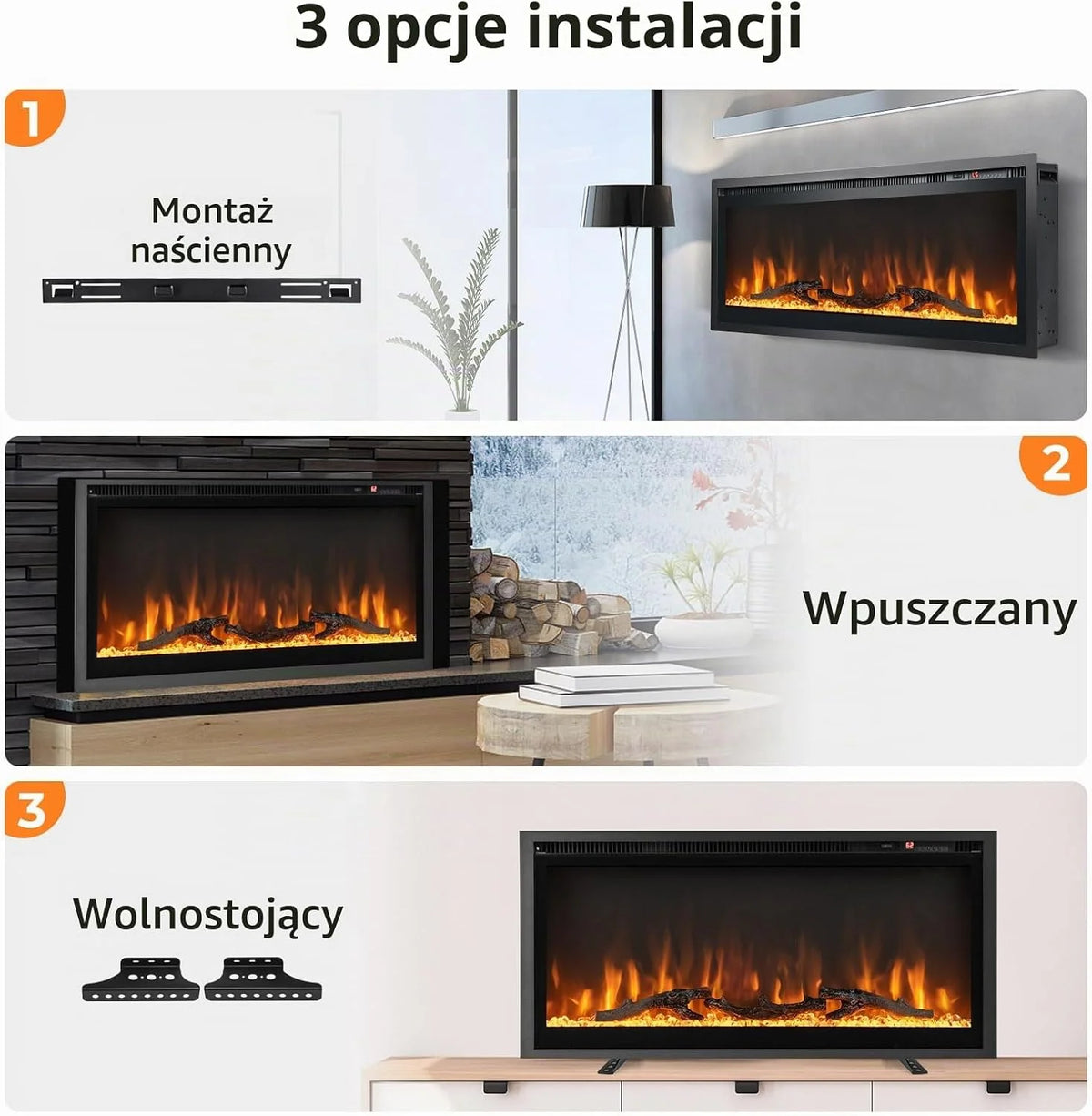 GOPLUS 91 cm kominek elektryczny, elektryczny kominek ścienny z pilotem i ekranem dotykowym, kominek ścienny z 9 kolorami efektów płomieni i 5 ustawialnymi poziomami jasności, 750 W/1500 W funkcja