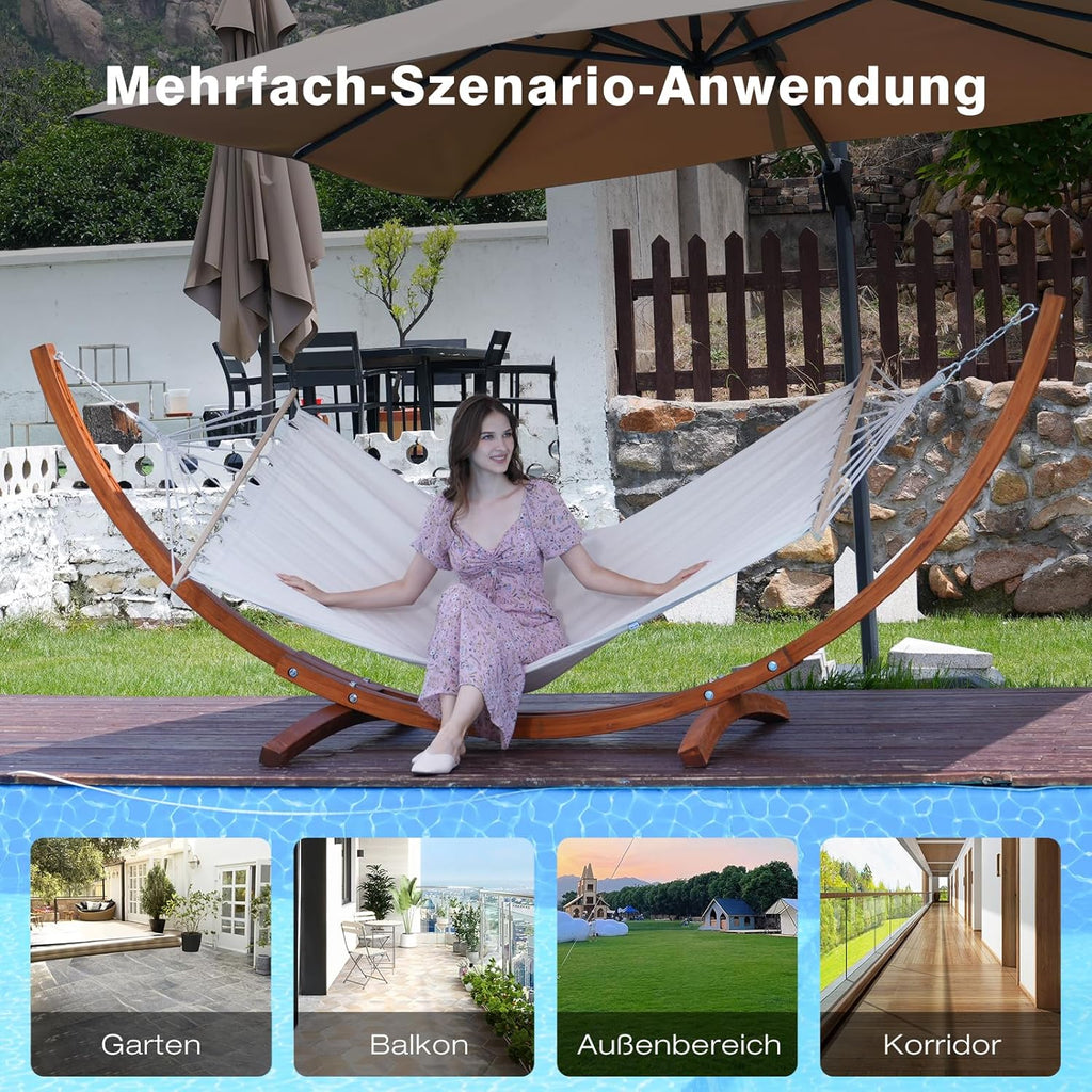 Hamaca con soporte, incluye 2 hamacas, capacidad de carga de 200 kg, dimensiones: 320x120x120 cm, estructura arqueada estable de madera de pino macizo, para jardín, terraza y balcón