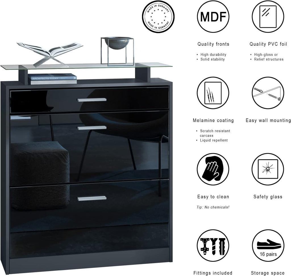 Zapatero Vladon Loret, mueble basculante para 16 pares de zapatos con 2 puertas abatibles, 1 cajón y estante de cristal, negro mate/gris alto brillo (89 x 104 x 23 cm)