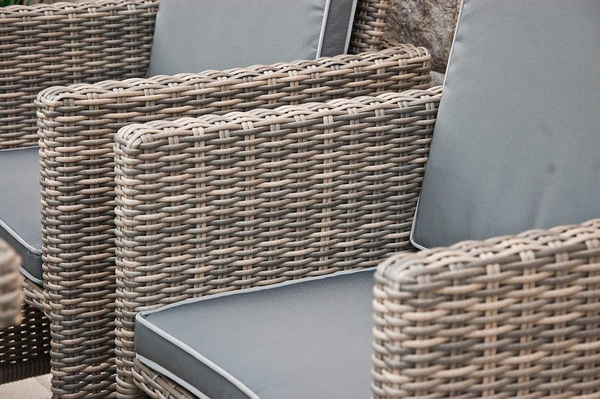 Ragnarök PolyRattan - Marca ALEMANA - Producción PROPIA - 8 años de garantía - Muebles de jardín, conjunto de comedor, mesa, 4 sillas, taburetes, 12 cojines, gris, aluminio inoxidable, natural, comedor, cubo, cristal