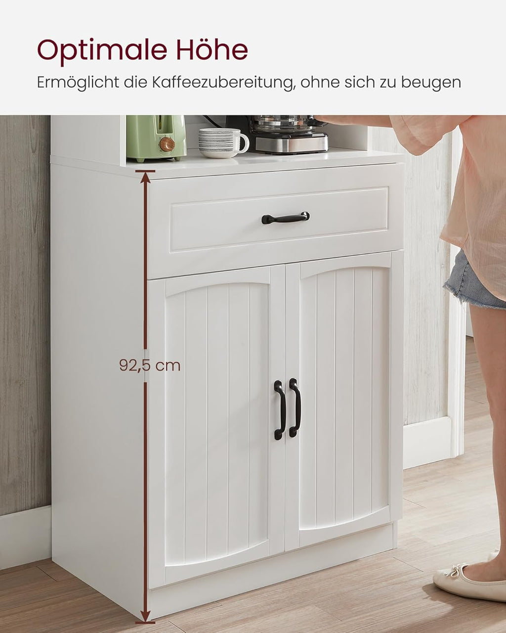 VASAGLE Armario de cocina, armario multiusos, armario de despensa, con estantes ajustables, apto para microondas, cajón, puertas de cristal, orificio para cables, estilo moderno, blanco LSC361W21