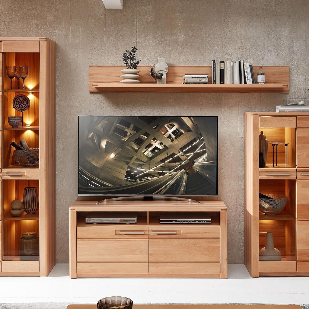 Mueble para TV möbelando >Nature One<, mueble bajo para TV en haya maciza (parcialmente), certificado FSC - Mueble de TV moderno con mucho espacio de almacenamiento para su salón - 131 x 58 x 45 cm (ancho/alto/fondo)