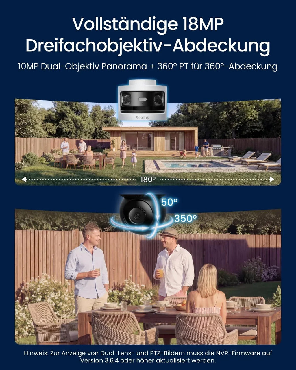 Cámara de seguridad PoE de triple lente para exteriores, panorámica de 180°, 10 MP + 8 MP, PTZ, seguimiento automático, detección por IA, visión nocturna a color e infrarroja, grabación 24/7