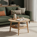 Mesa de centro redonda skølm Mjölnir Ø70 cm – Mesa de salón de madera maciza de roble – Mesa de sofá con 2 estantes – Mesa auxiliar pequeña con acabado de aceite natural – Mesa de madera para salón con espacio de almacenamiento – Coffee Table
