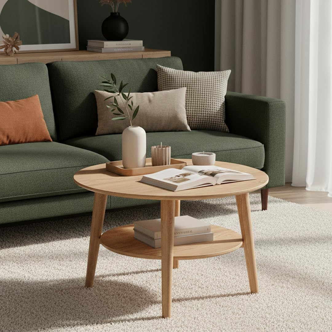 Mesa de centro redonda skølm Mjölnir Ø70 cm – Mesa de salón de madera maciza de roble – Mesa de sofá con 2 estantes – Mesa auxiliar pequeña con acabado de aceite natural – Mesa de madera para salón con espacio de almacenamiento – Coffee Table