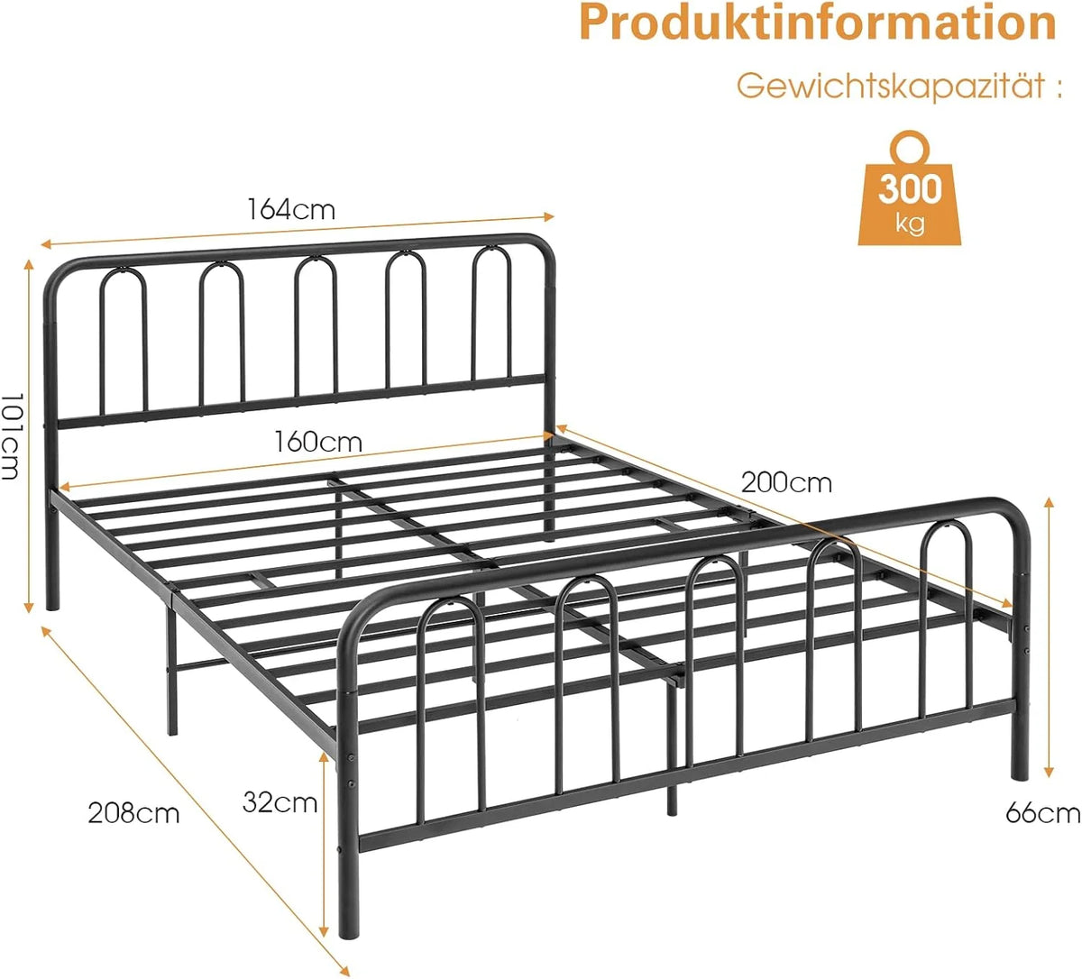 COSTWAY Metalowa rama łóżka, na materac 200 x 160 cm, rama łóżka podwójnego, ze stelażem, z miejscem do przechowywania pod łóżkiem, metalowe łóżko dla gości