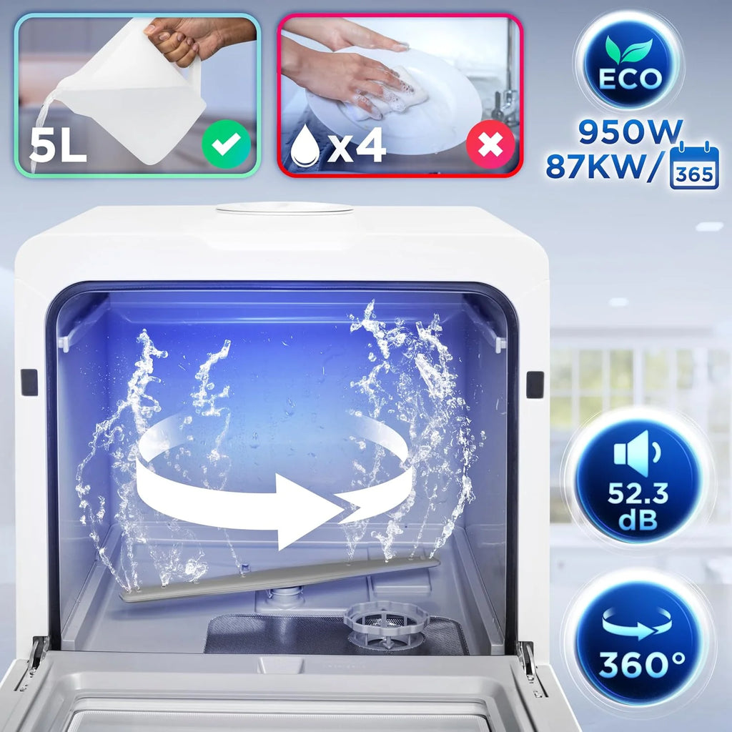 Duronic DW5 WE Zmywarka nablatowa z lub bez przyłącza wody 950W przenośna kompaktowa 5l /cykl do naczyń szkła owoców mała zmywarka stołowa biała