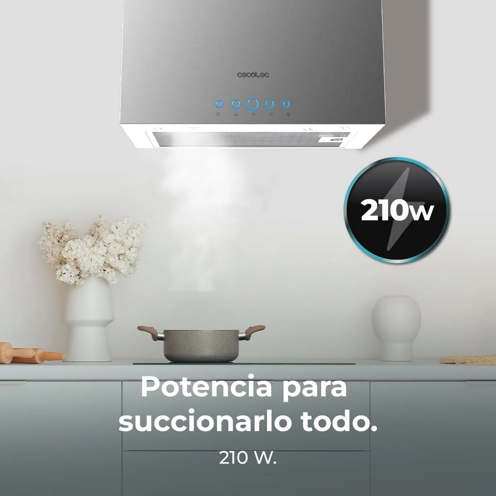 Cecotec Okap kuchenny 38 cm kwadratowa wyspa Bolero Flux ICT 388000 stal nierdzewna A++. Wykończenie ze stali nierdzewnej, ssanie 800m3/h, silnik 210 W, klasa A++, 3 poziomy, filtr węglowy Ø176,