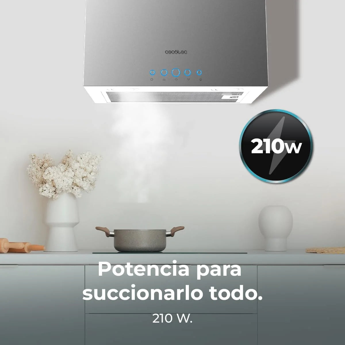 Cecotec Okap kuchenny 38 cm kwadratowa wyspa Bolero Flux ICT 388000 stal nierdzewna A++. Wykończenie ze stali nierdzewnej, ssanie 800m3/h, silnik 210 W, klasa A++, 3 poziomy, filtr węglowy Ø176,