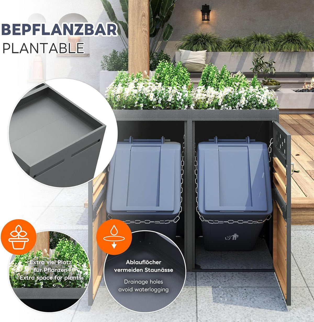 Cubo para 4 contenedores de basura, revestimiento con techo ajardinado para cubos de 120-240 litros, puertas con cerradura, caja de almacenamiento para jardín de acero galvanizado inoxidable, antracita, 264 x 80 x 125 cm