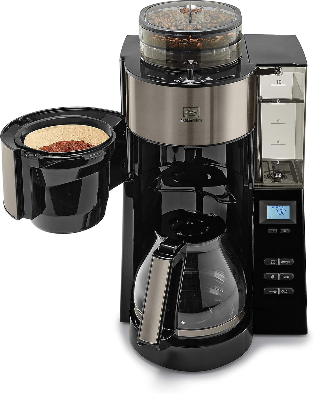 Melitta AromaFresh - Cafetera de filtro - con jarra de cristal - molinillo integrado - función de temporizador - 10 tazas - Negro puro