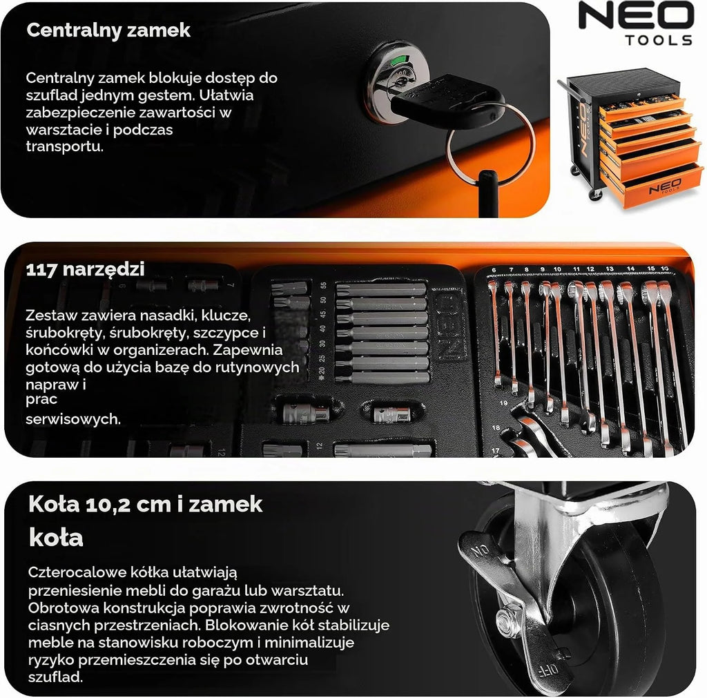 NEO TOOLS Wózek warsztatowy wypełniony narzędziami, 117-częściowy | 5 półek – szuflady z łożyskiem kulkowym – centralnie zamykany – mata antypoślizgowa – kółka obrotowe – hamulec postojowy – wózek