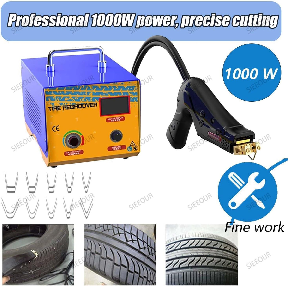 Máquina Ranuradora de Neumáticos SIEEOUR, Regrabadora de 1000W, Dispositivo Profesional con 20 Cuchillas en U/V, Cortador de Goma con Hierro Caliente y Herramienta de Ranurado, para Recauchutado de Neumáticos Desgastados