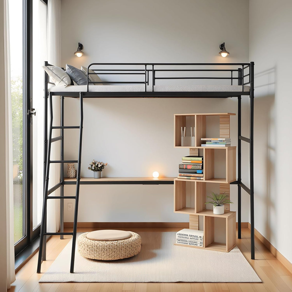 Cama alta de 90x200 cm, estructura de cama infantil, cama de metal, litera con barrera y escalera inclinada, para adultos, adolescentes y niños, negro