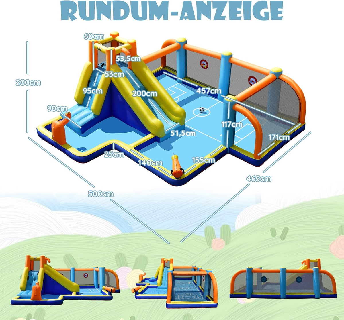 COSTWAY Castillo hinchable con soplador, tobogán acuático, piscina infantil, zona de fútbol, muro de escalada, dos cañones de agua y juego de diana, piscina de juegos 500 x 465 x 200 cm