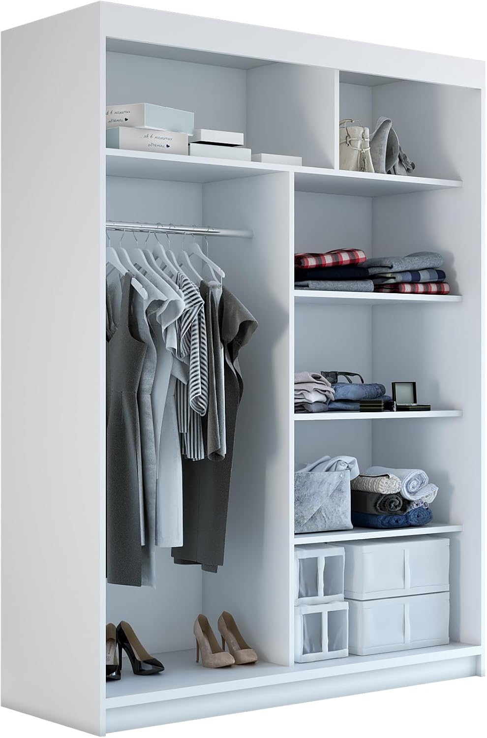 A&J MöbelLand Armario con puertas correderas GAPI, armario de 2 puertas con espejo, ropero de 160 cm (blanco/negro/negro)