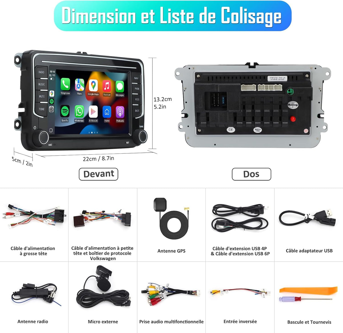 MRSXWPY Autorradio 2 DIN, Radio de coche de 7" para VW Golf, Passat, Seat, Touran, Skoda, CarPlay y Android Auto, Controles en el volante, Pantalla táctil y botones físicos, EQ, FM, Navegación GPS, MirrorLink