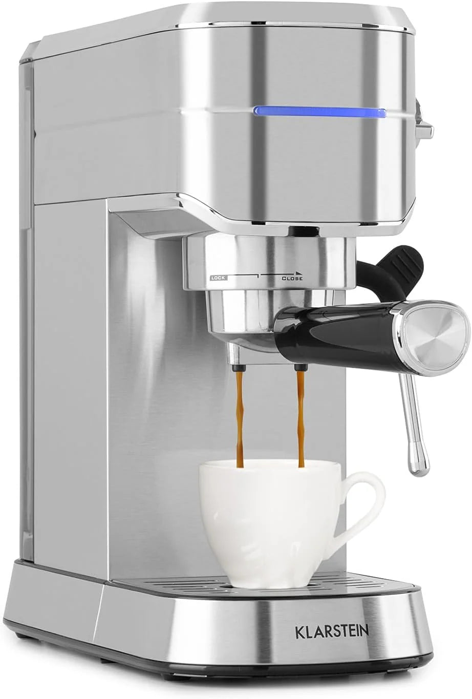 Klarstein Futura Ekspres do kawy, Ekspres kolbowy 1450 W, 20 barów, Jakość barista, Podwójny wylot, Stop przepływu, Kolbowy do kawy, Funkcja spieniania mleka, srebrny