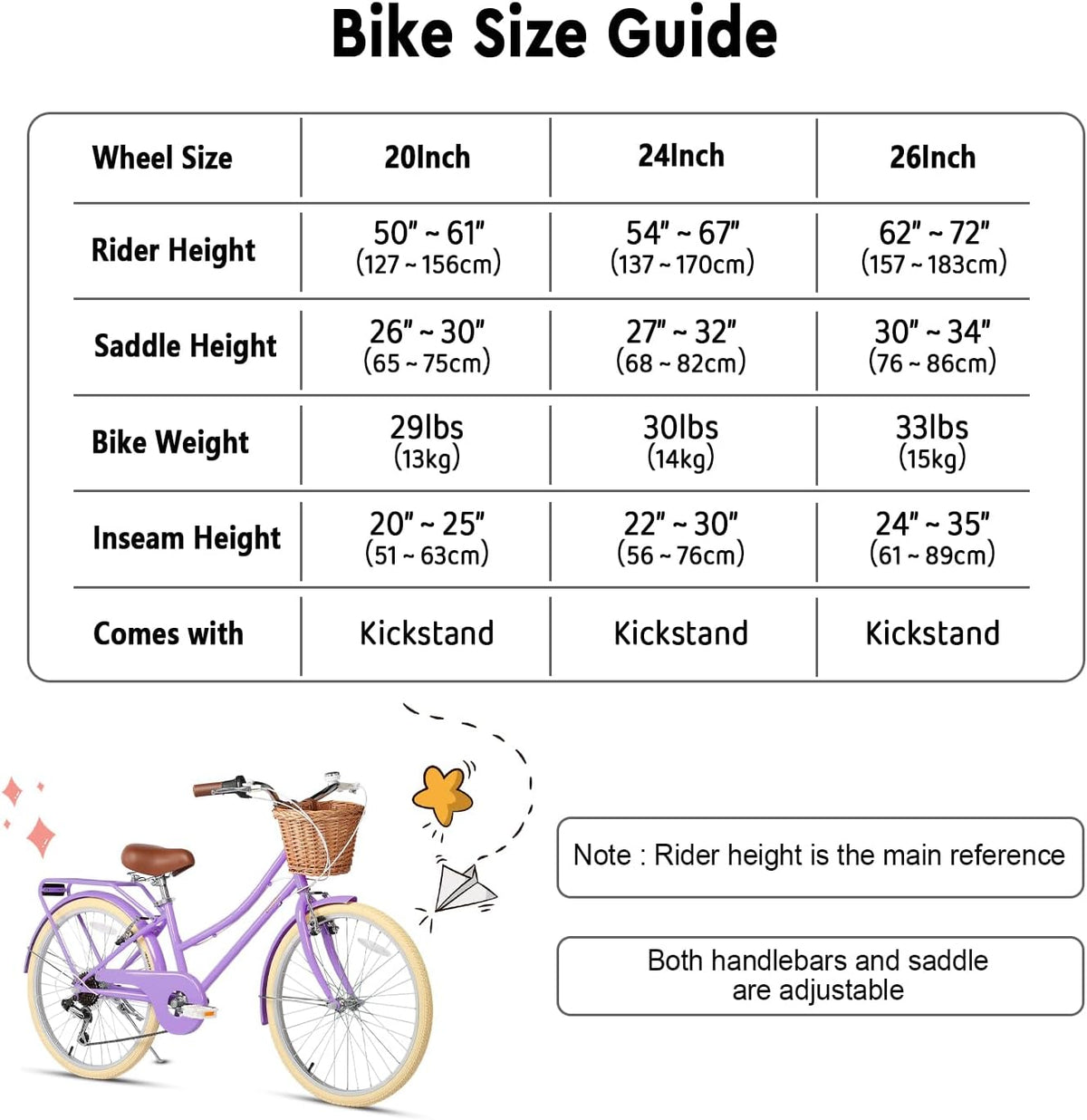 Glerc Missy 20, 24, 26 pulgadas bicicleta híbrida urbana tipo crucero para niñas, de 6 velocidades, con cesta de mimbre, para jóvenes mayores de 6 años, varios colores