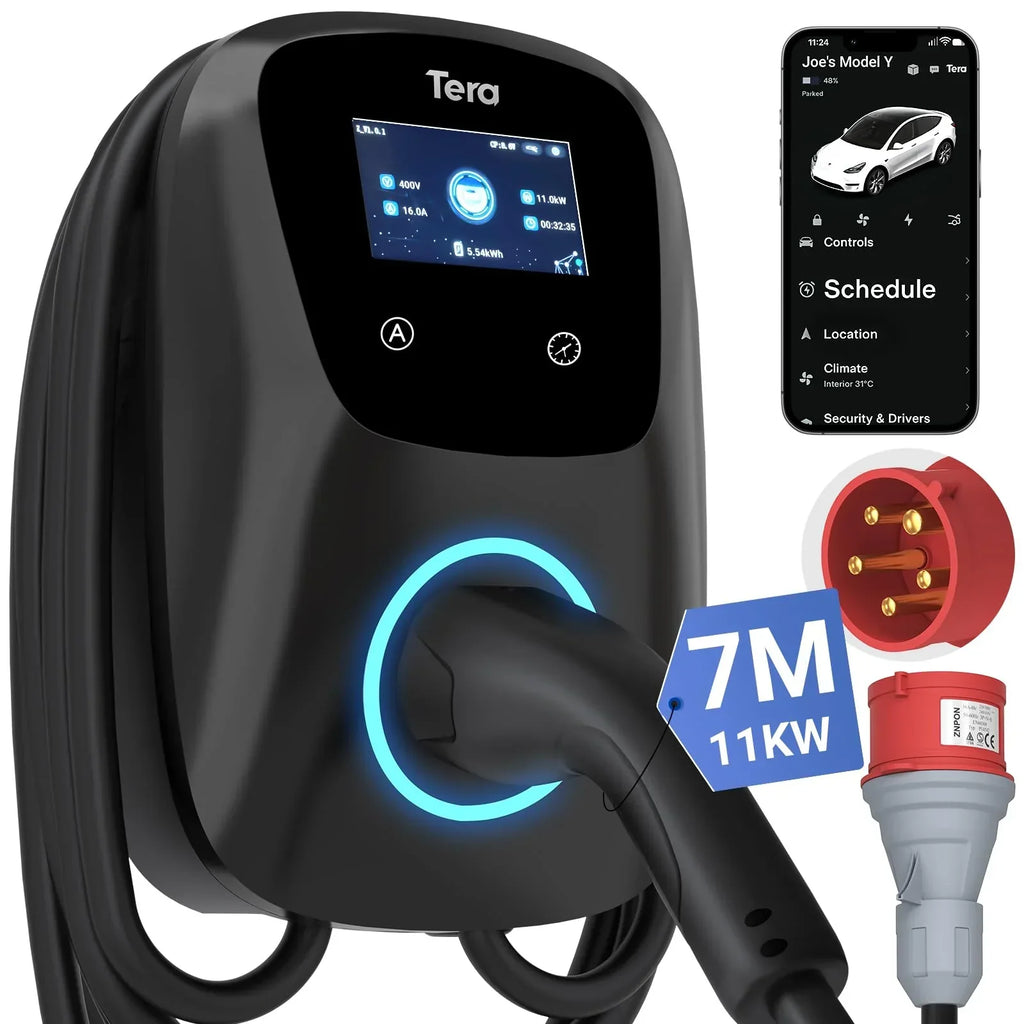 Tera EV Wallbox Tipo 2 11kW 16A 400V Enchufe CEE trifásico App Wi-Fi Bluetooth Cable de carga de 7m Soporte de pared CE TÜV PHEV W01