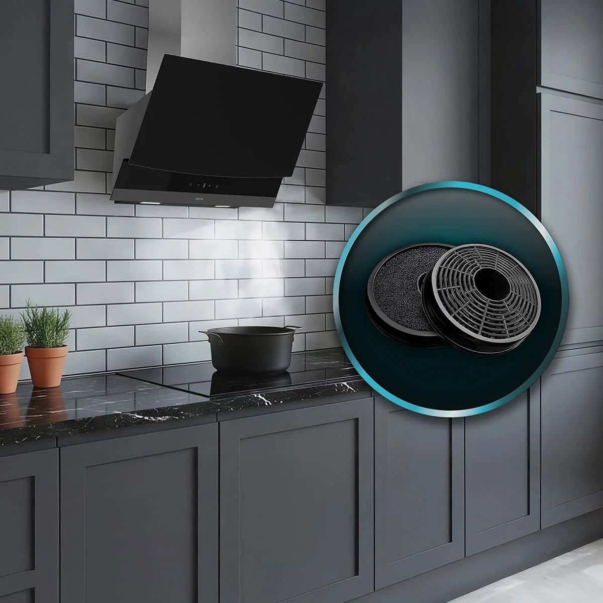 Cecotec Dekoracyjny okap kuchenny Bolero Flux DT 904400 Matt Black A+++. Ssanie 416,5m³/h, 3 prędkości, niskie zużycie, silnik DC, sterowanie ruchem i dotykiem, matowe szkło, korpus ze stali