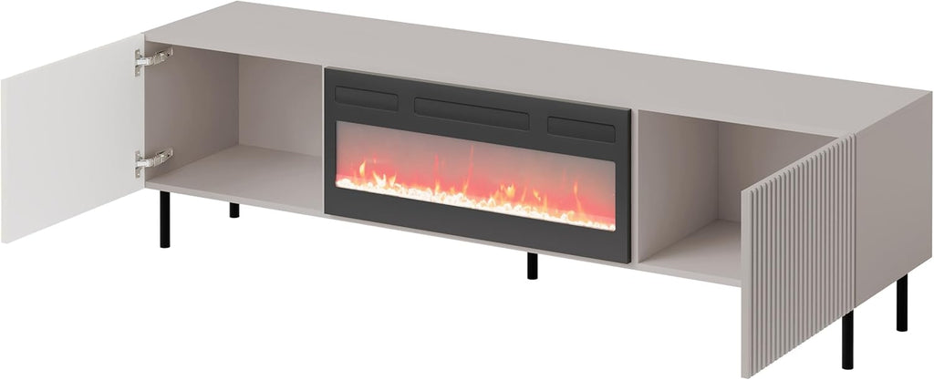 Mueble de TV Mirjan24 Arypot 2D con chimenea eléctrica, sistema sin tiradores, frente fresado, mueble bajo para TV, llama LED realista, cristales decorativos, función de calefacción, control remoto (Cachemira).