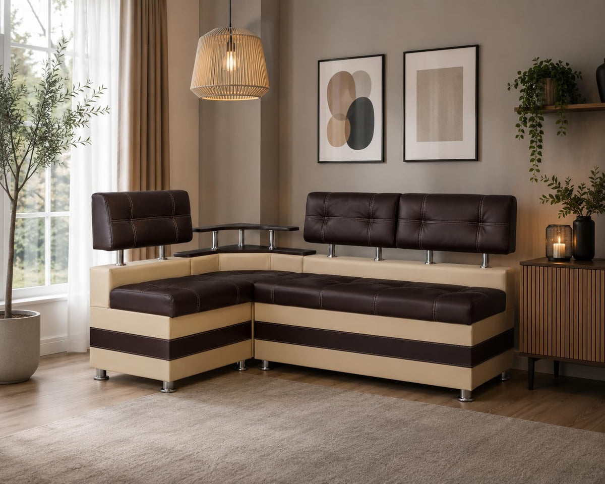 Banco esquinero Rodnik color latte, rincón de comedor, banco con repisa y espacio de almacenamiento