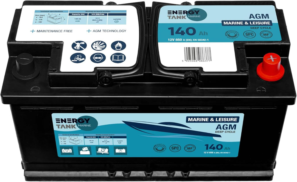 Batería AGM 12V 140Ah de descarga lenta – Batería de larga duración para barcos y autocaravanas – Sin mantenimiento, resistente a las vibraciones.