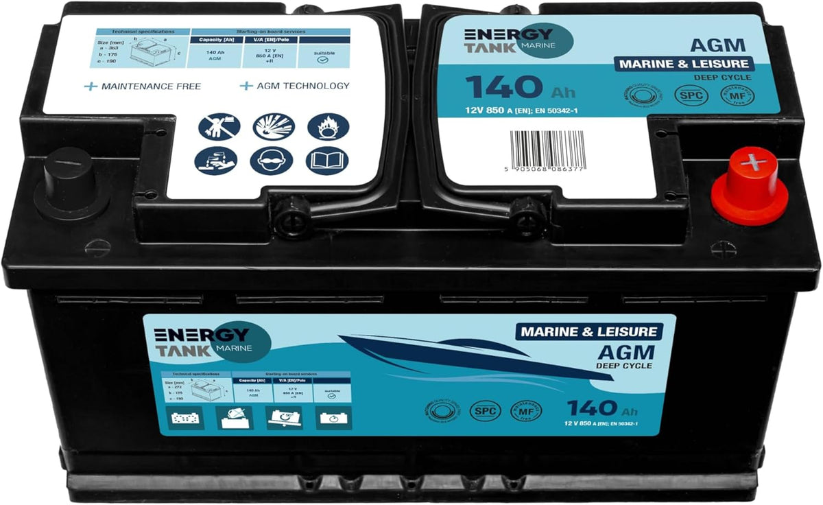 Batería AGM 12V 140Ah de descarga lenta – Batería de larga duración para barcos y autocaravanas – Sin mantenimiento, resistente a las vibraciones.