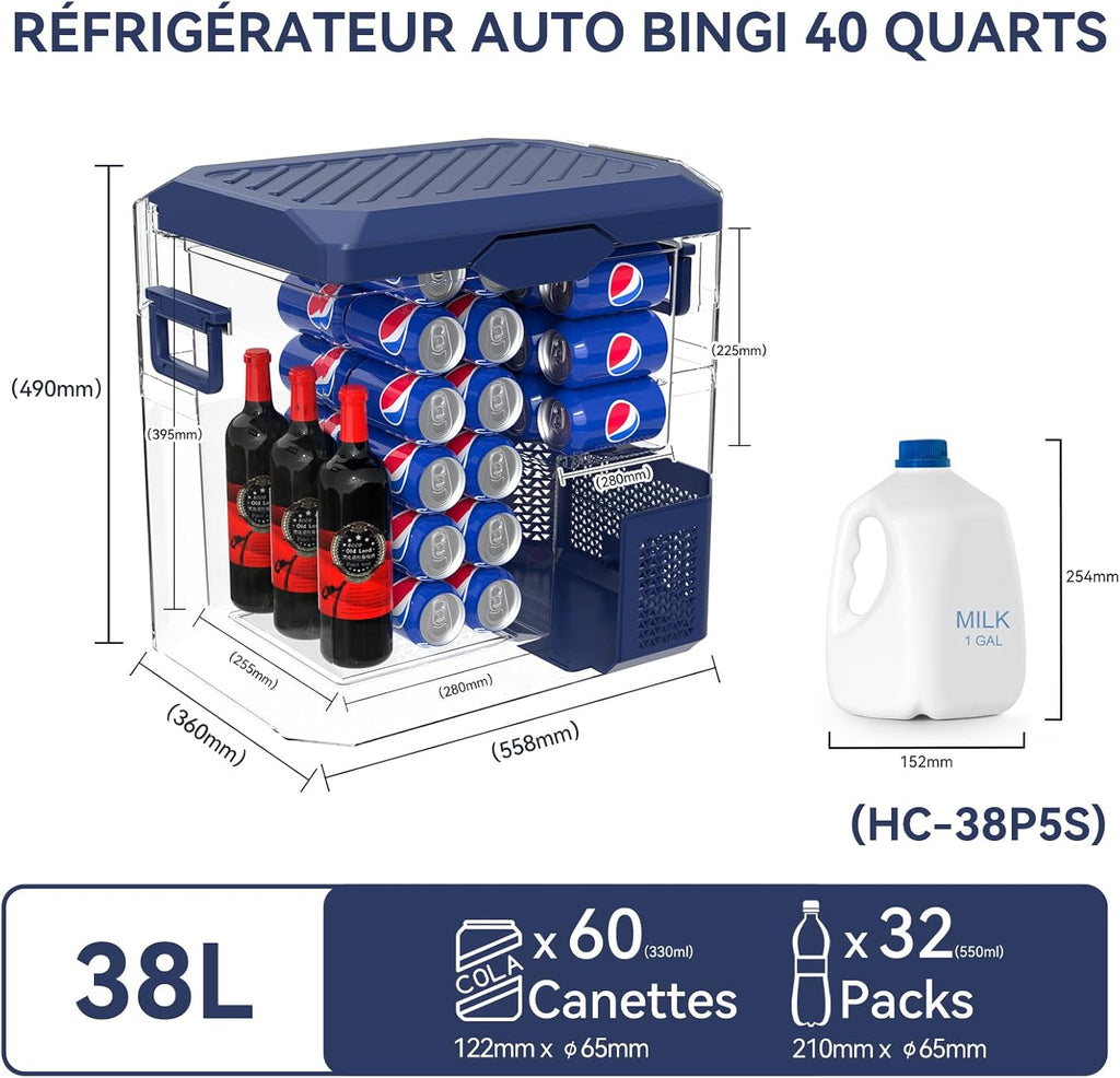 BINGI Nevera Eléctrica de Compresión para Coche de 38L con Enfriamiento Rápido - Refrigerador Portátil hasta -18°C, 12V/24V/220V, para Autocaravana, Furgoneta, Camión, Barco, Coche, Casa, Camping