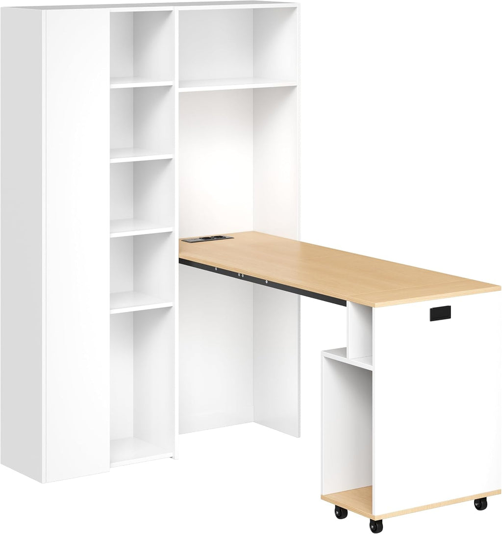 Escritorio plegable 2 en 1 Merax con estantes, toma de corriente y USB, protección antivuelco, escritorio esquinero izquierdo – Oficina en casa, apartamento de estudiantes, ahorro de espacio, funcional, estantería y puesto de trabajo, blanco