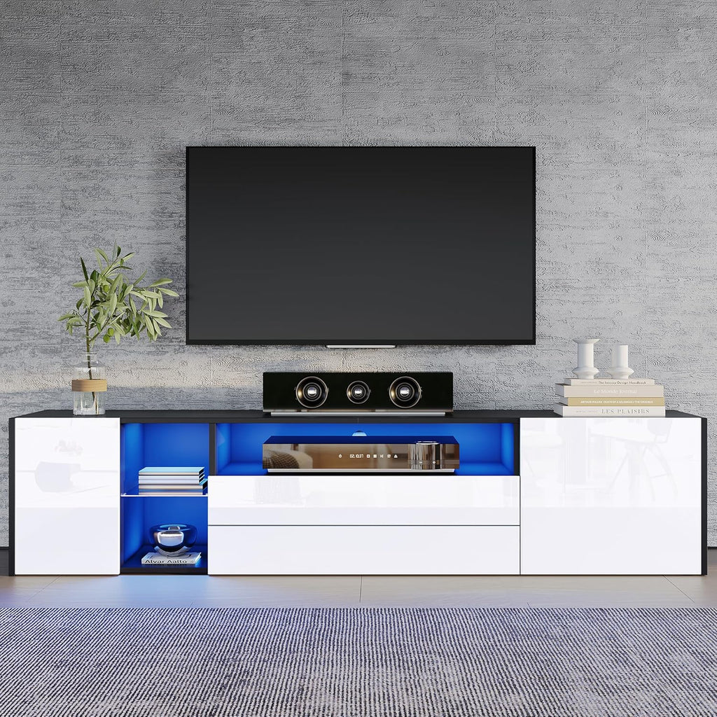 Mueble de TV Merax con LED, mueble para televisión de alto brillo con 2 puertas y 2 cajones, soporte para televisores de hasta 75 pulgadas, mueble bajo para salón, dormitorio, comedor, 180 cm, blanco y negro