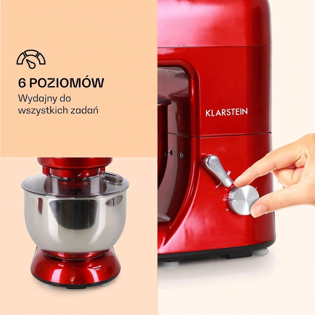 Klarstein Robot kuchenny z maszynką do mięsa, 1800W maszyna do ciasta Mała, 6 biegów, Trzepaczka, hak do mieszania i ugniatania, Mieszanie planetarne, Mikser z blenderem, Robot z misą 5L