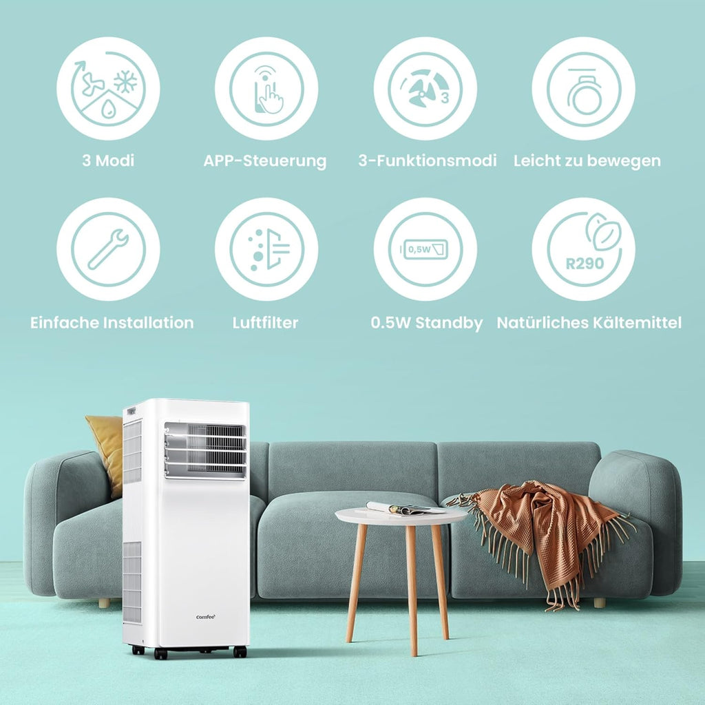 Acondicionador de aire portátil Comfee Breezy Cool Pro 2.0, 7000 BTU 2,0 kW, refrigeración, ventilación y deshumidificación, control por aplicación, para habitaciones de hasta 68 m³ (25 m²), aire acondicionado portátil con manguera de escape.