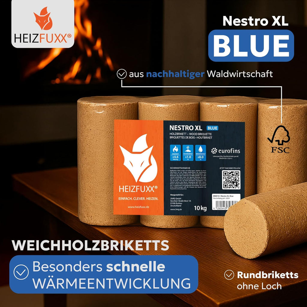 Bricquetas de madera Nestro XL Blue - Bricquetas de madera blanda, palé de 960 kg (96x10 kg) - Bricquetas premium para chimeneas, calderas y estufas - Alto poder calorífico, bajo contenido en cenizas y máxima eficiencia energética