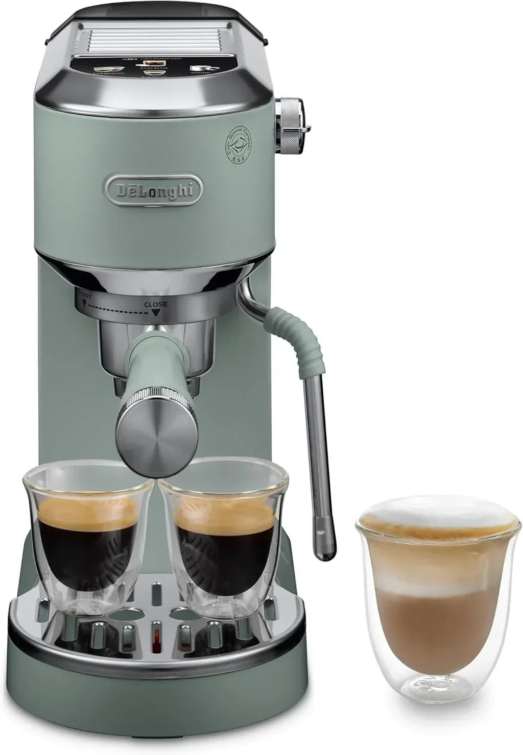 De'Longhi Dedica – Cafetera de bomba de acero inoxidable para café molido o monodosis, espresso y capuchino, depósito de 1,3 litros, sistema antigoteo, modelo EC685.M, color metal