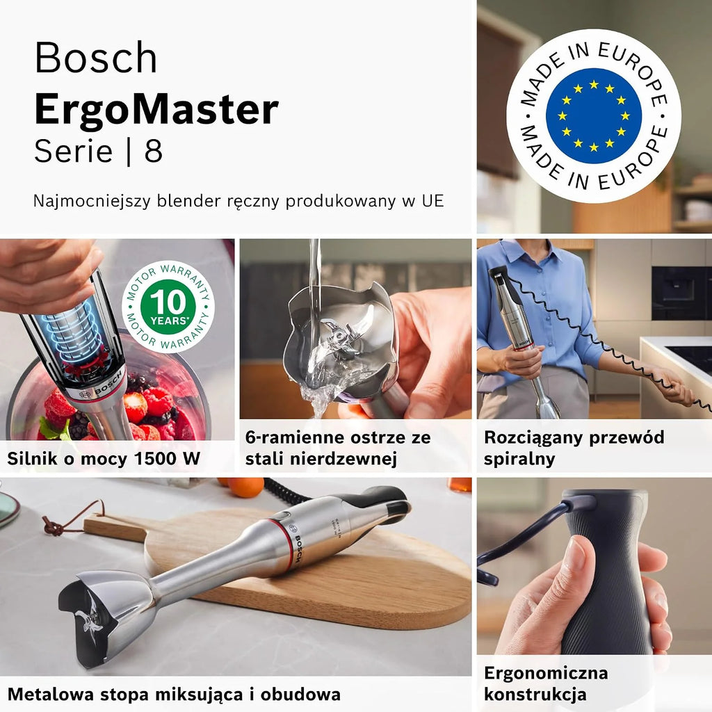 Bosch, blender ręczny, ErgoMaster Serie 8, silnik 1500 W, intuicyjna regulacja prędkości, 6-ramienne ostrze, akcesoria w zestawie, stal nierdzewna, MSM8M930