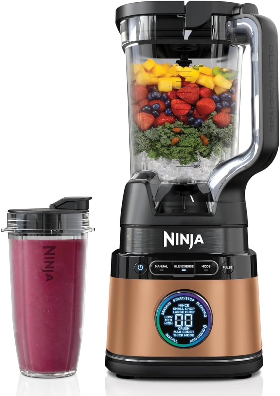 Ninja 2-en-1 Detect Power Mixer Pro & Single Serve, Licuadora de 1200W con jarra y vaso individual, para preparar batidos, picar verduras y bebidas heladas, Cobre/Negro, TB301EUCP