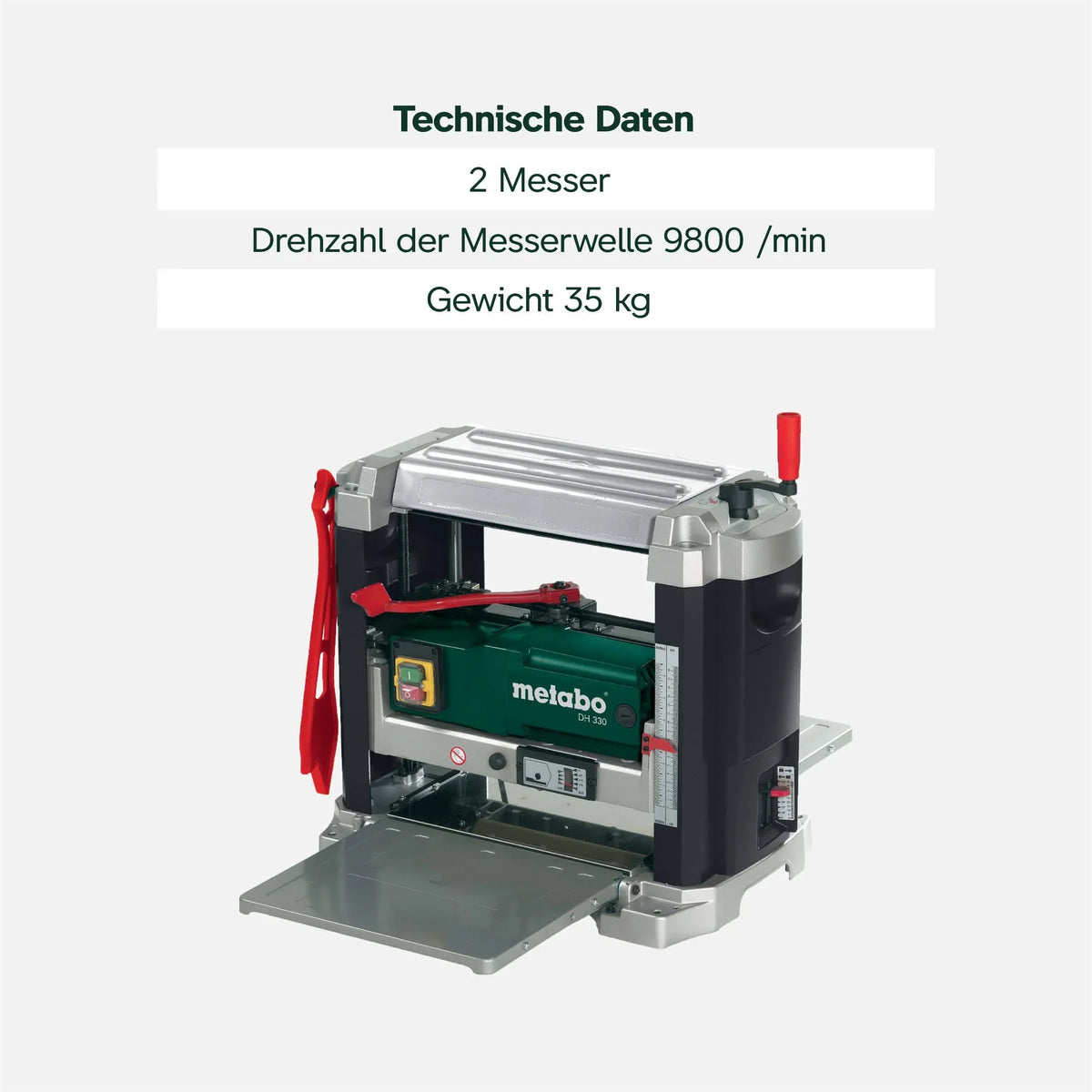 Regruesadora metabo DH 330, portátil, 1800 W, cuchillas HSS, capacidad de paso 330 x 152 mm, boquilla de aspiración, empujador de material