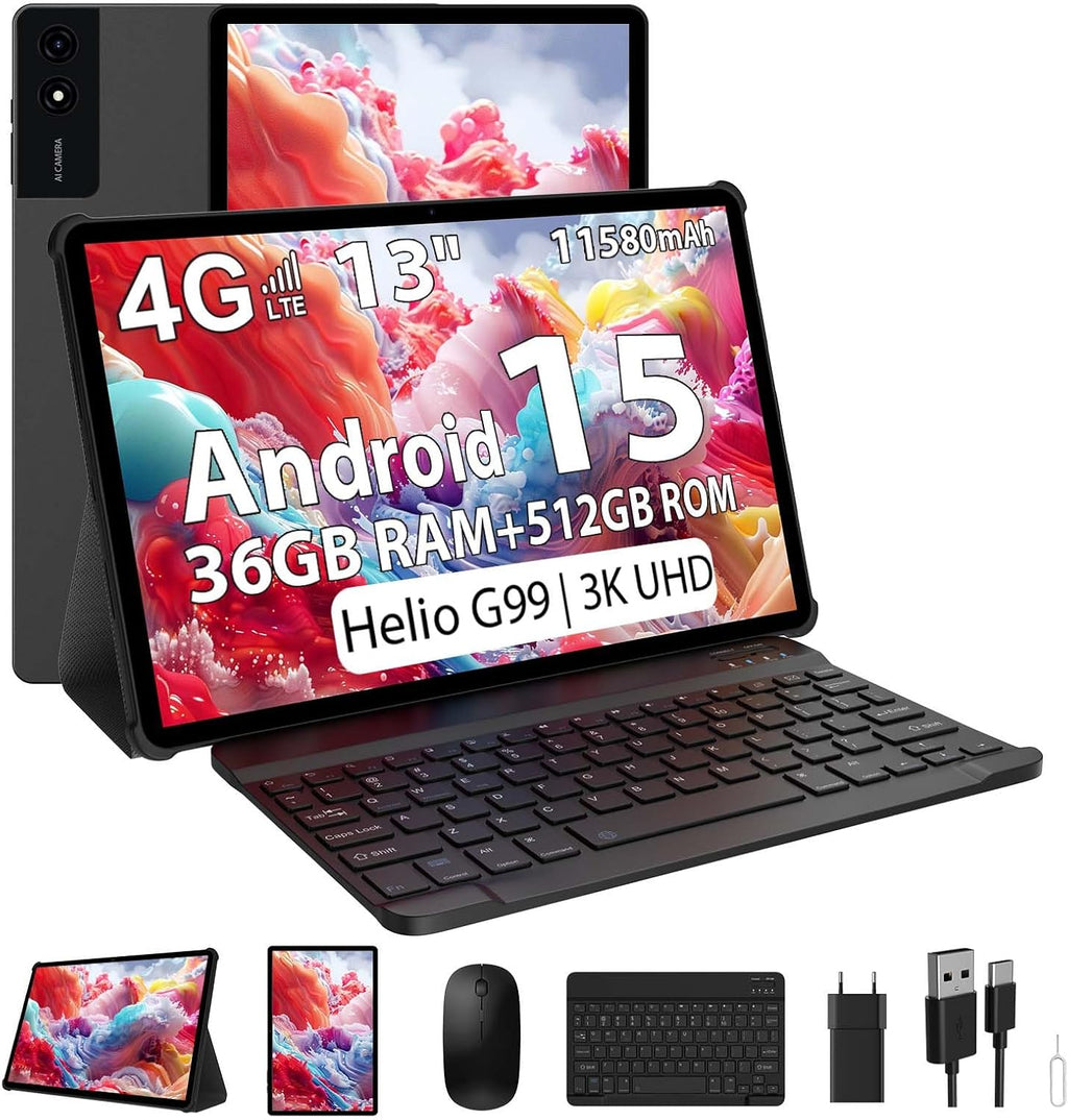 Tablette 3K de 13 pulgadas con Android 15, 36GB RAM, 512GB ROM (ampliable a 2TB), 4G LTE丨WiFi 5G, 2940*1840 UHD, 11580mAh, G99 2.2GHz, 13MP+8MP, Tablet táctil con teclado丨GPS丨4 altavoces (Negro)